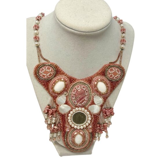 Handmade Bohemian Beaded Statement Necklace With Pink & White Beads - Picture 1 of 6